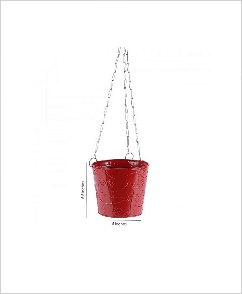 Metal Hanging Bucket Planter Red